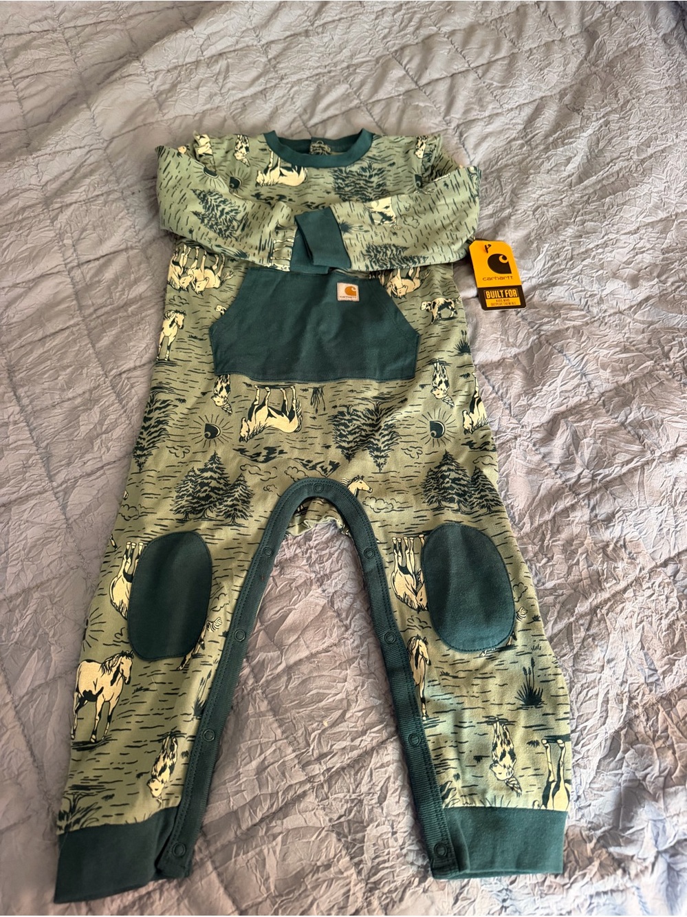Carhartt Green Woodland Horse Print Kids One-Piece Romper NWT Size 18-Months